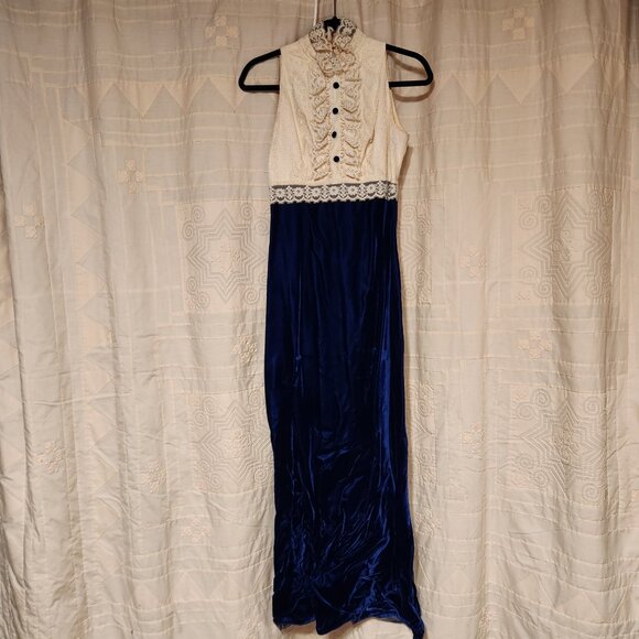 🕯️ Vtg 60s Blue Velvet Lace 2pc Gown & Jacket Set 10 🕯️ - Picture 3 of 11